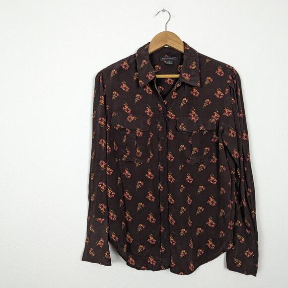Something Navy Brown Ganache Bohemian Button Down Floral Top Size XS - Picture 3 of 8